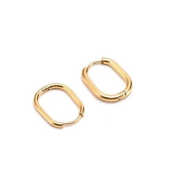 Gold Tone Oval Oblong Hoop Earrings - Picture 3 of 12